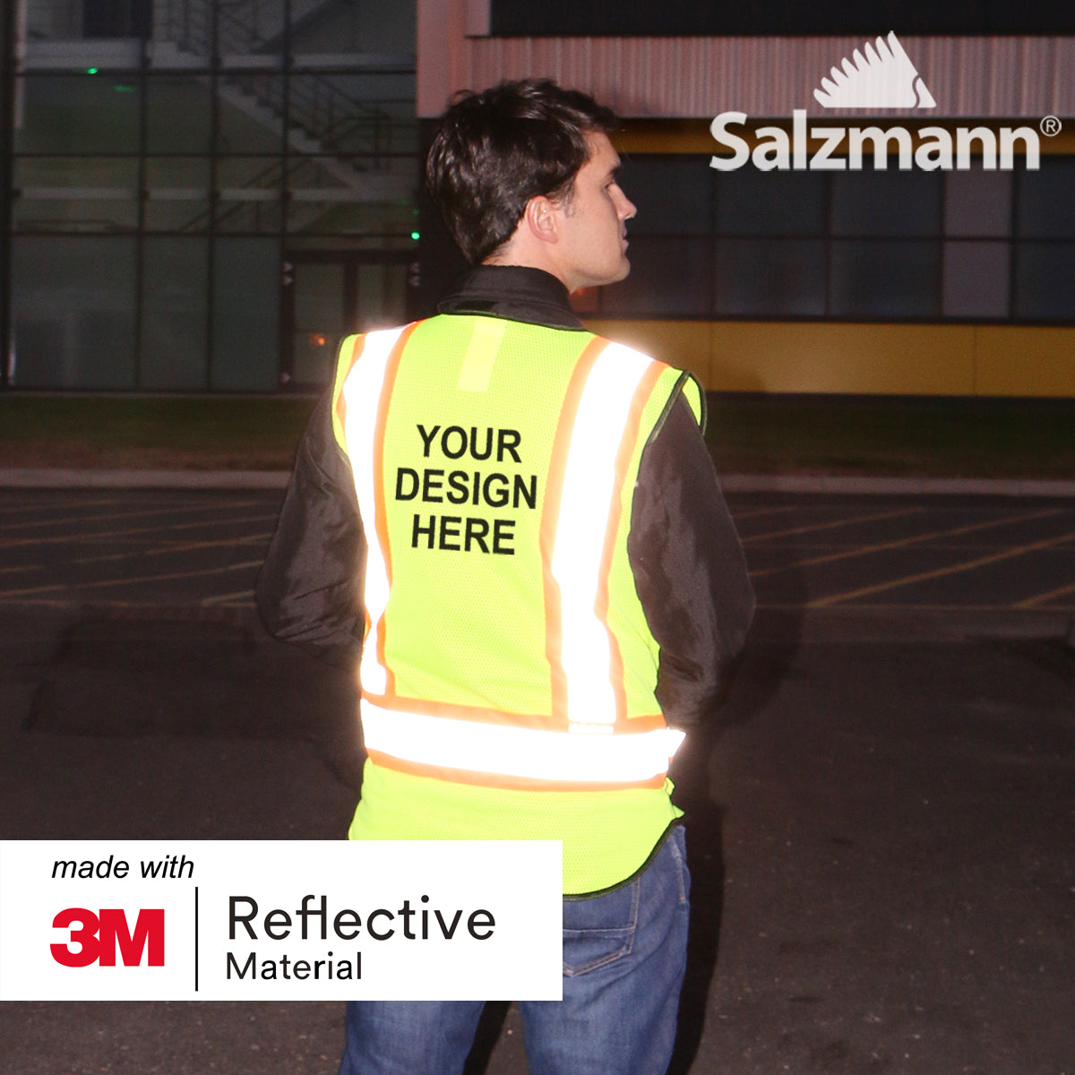 Back of man stood outside wearing a Yellow and Orange High Viz