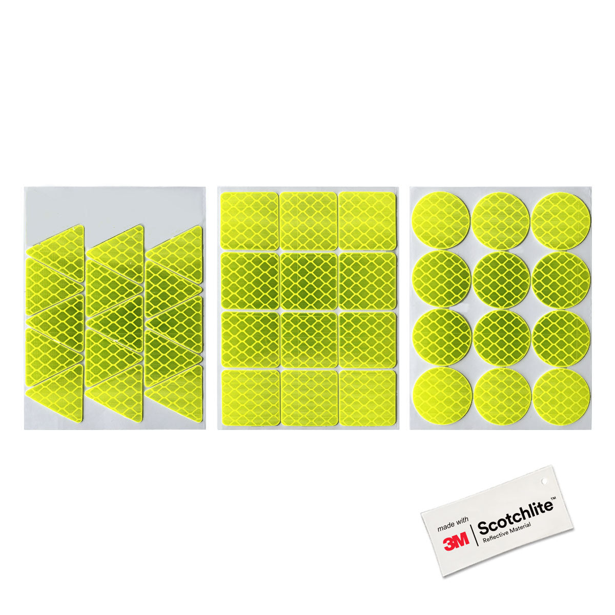 3 sheets of Yellow hi vis stickers in different shapes.