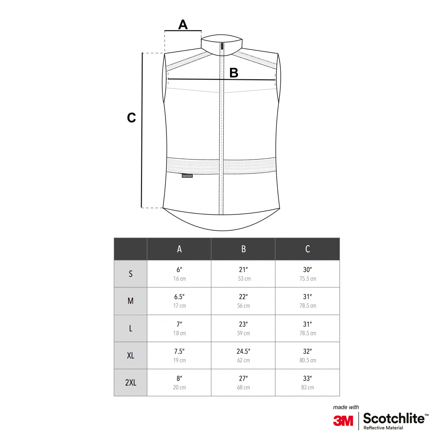 Size chart for the high visibility reflective cycling vest.