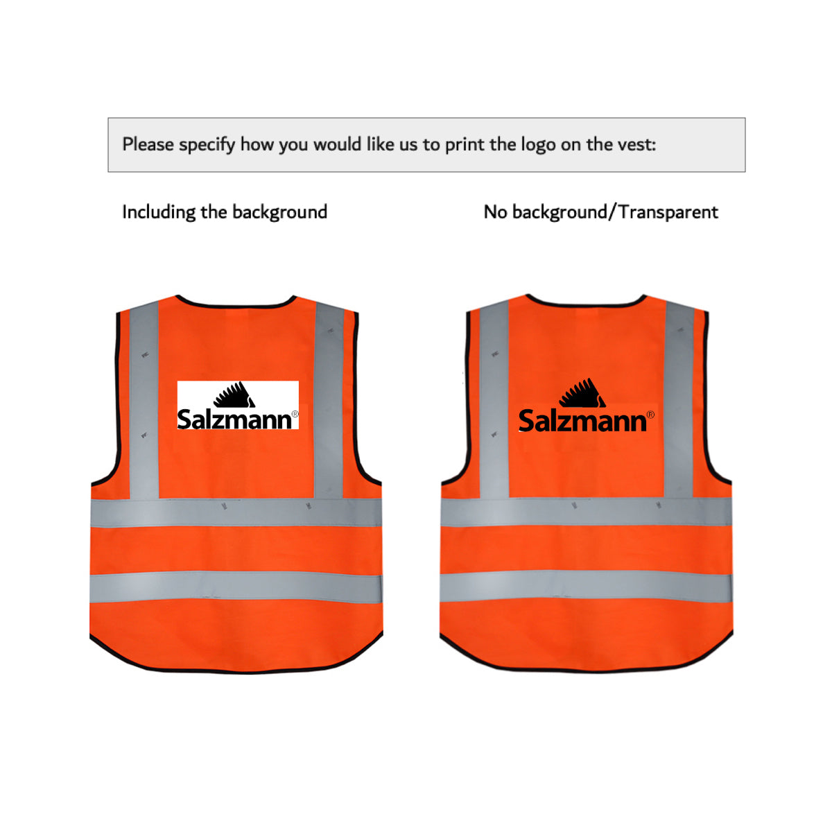 Imprint instructions showing different logos on the Orange hi vis vest.