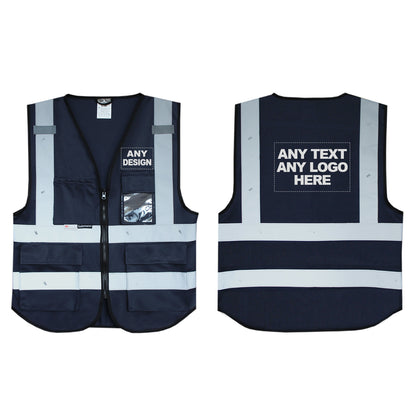 Front and back of the Navy hi vis vest with boxes for 'Any text or logo'