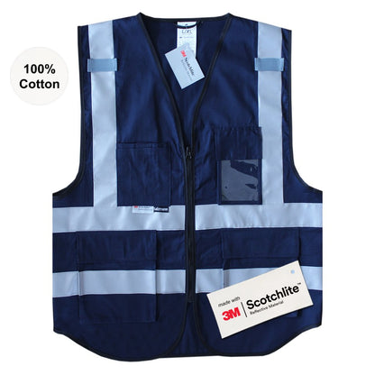 Front of Blue cotton high vis vest