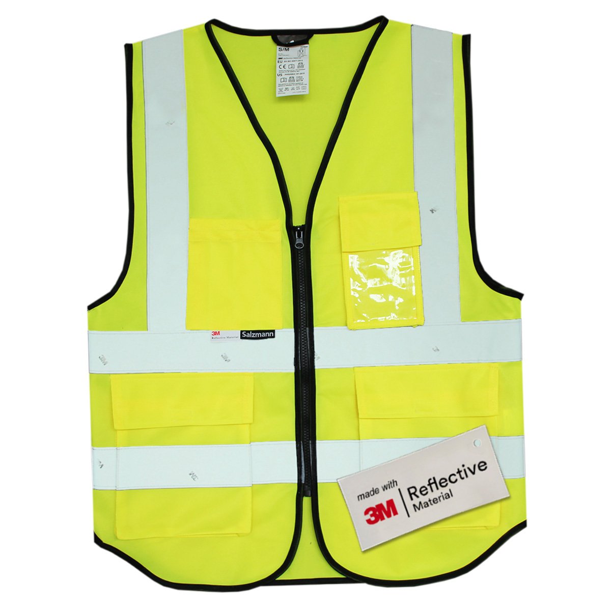 Front of Yellow safety vest, showing pockets, zip and reflective strips.