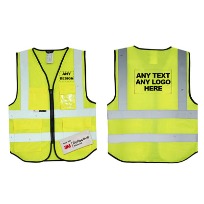 Yellow hi vis vest with 'Any text or logo', front and back