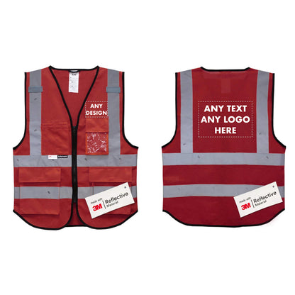 Front and back of the Red mesh hi vis vest with boxes for 'Any text or logo'