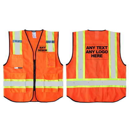 Front and back of the Orange and Yellow hi vis vest with boxes for 'Any text or logo'