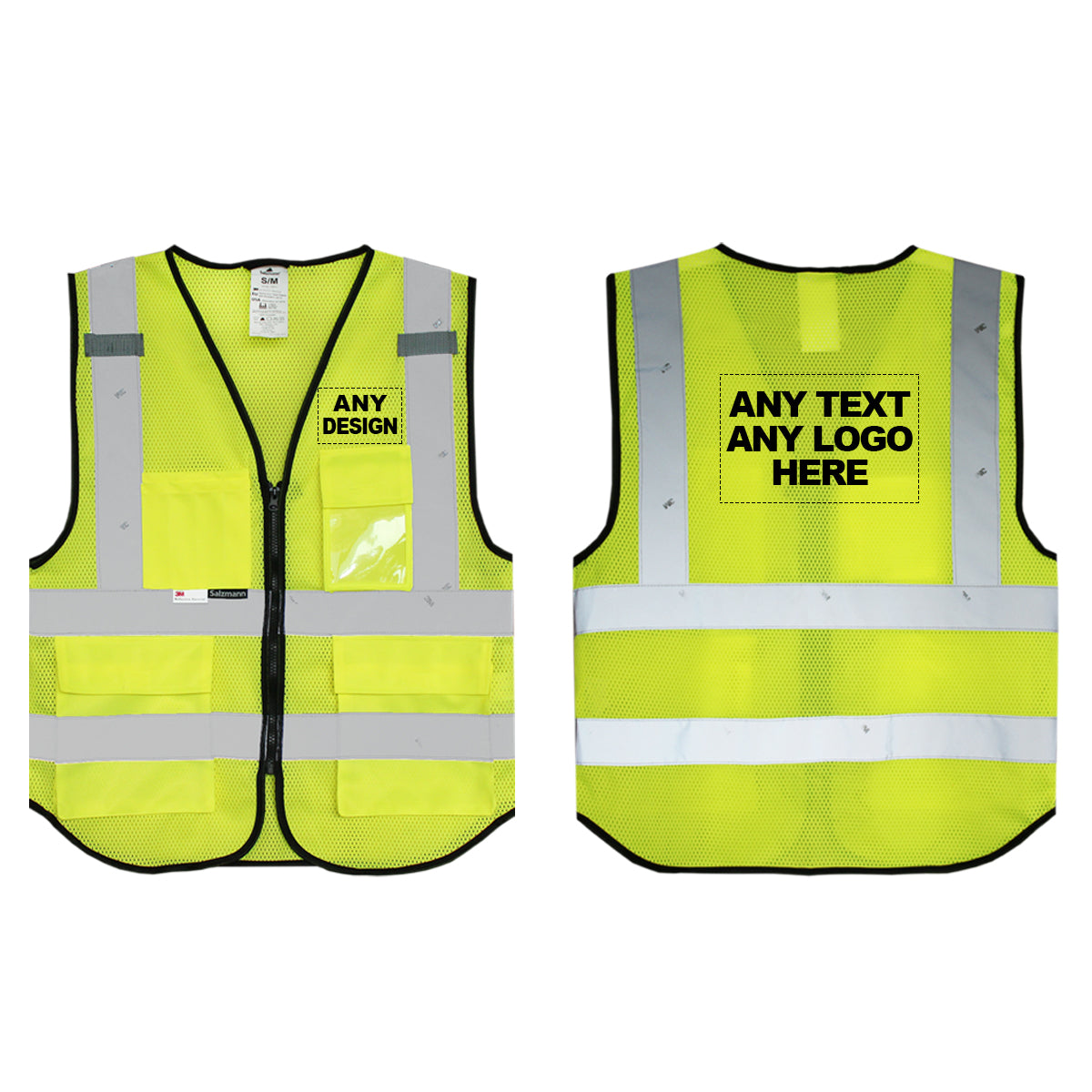 Front and back of the Yellow mesh hi vis vest with boxes for 'Any text or logo'