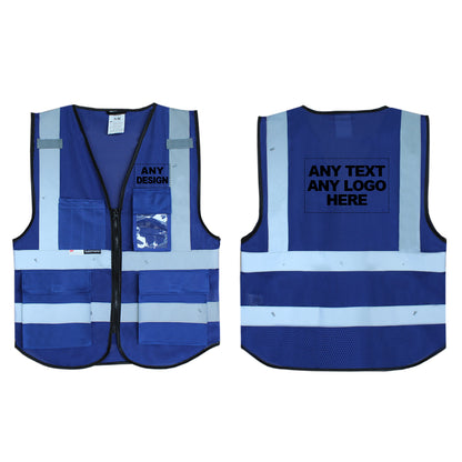 Front and back of the Blue Mesh hi vis vest with boxes for 'Any text or logo'