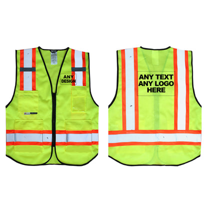 Front and back of the Yellow and Orange hi vis vest with boxes for 'Any text or logo'