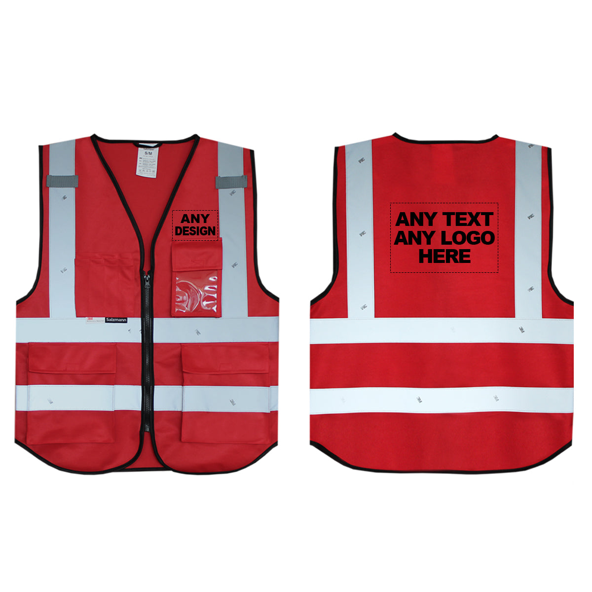 Front and back of the Red hi vis vest with boxes for 'Any text or logo'