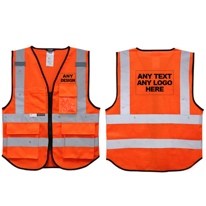 Front and back of the Orange mesh hi vis vest with boxes for 'Any text or logo'