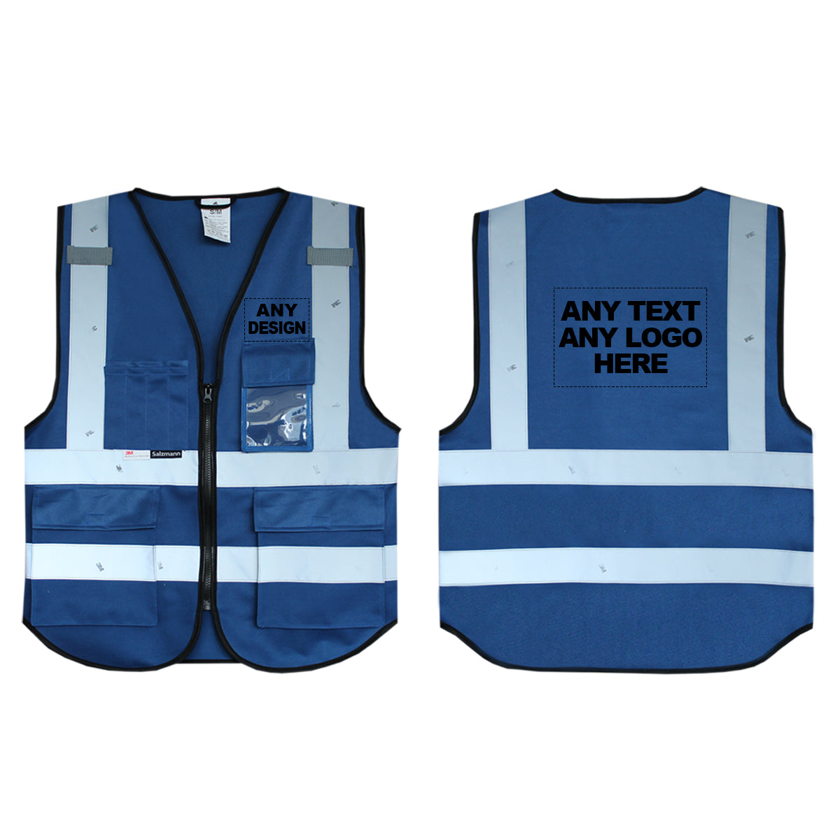 Front and back of the Blue hi vis vest with boxes for 'Any text or logo'