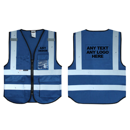 Front and back of the Blue hi vis vest with boxes for 'Any text or logo'