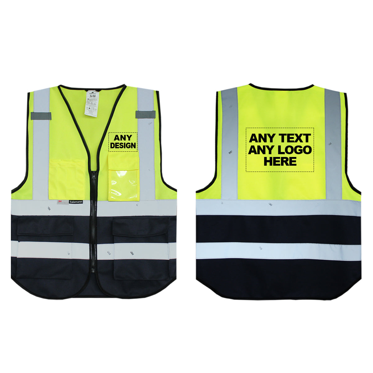 Front and back of the Yellow and Navy hi vis vest with boxes for 'Any text or logo'