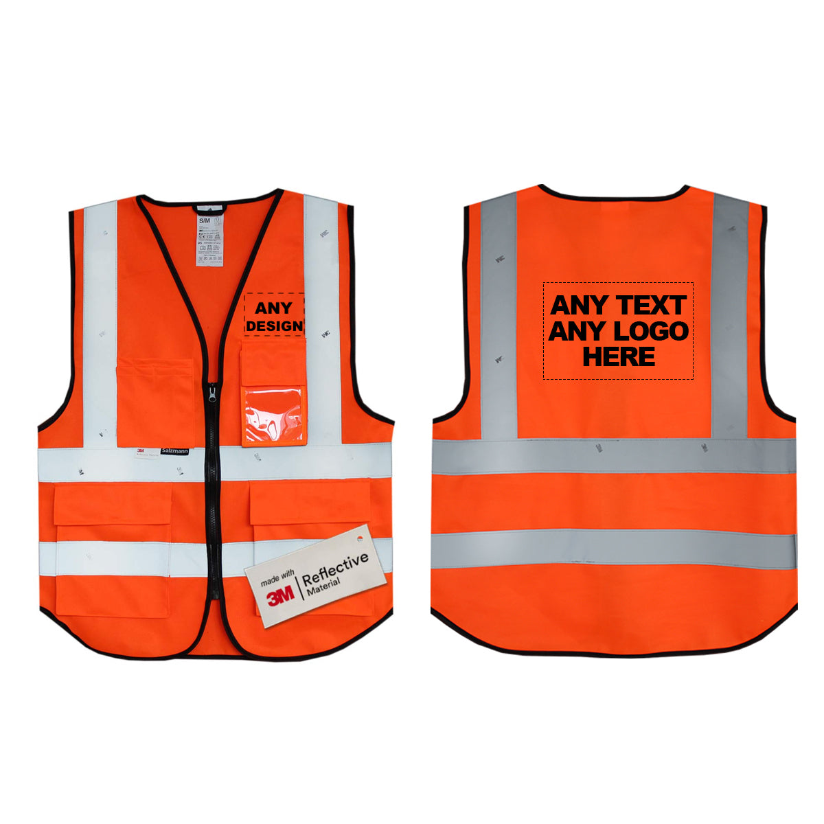 Orange hi vis vest with 'Any text or logo', front and back