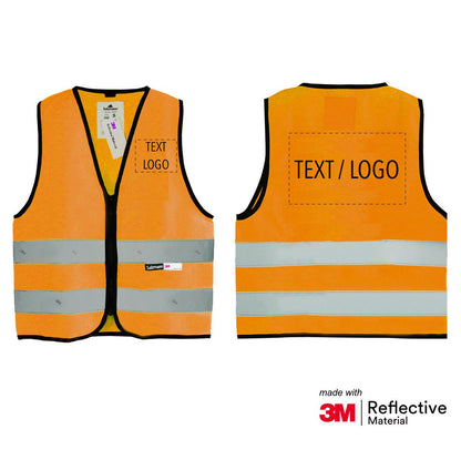 Orange reflective safety vest for children with "Text/Logo" on the front and back