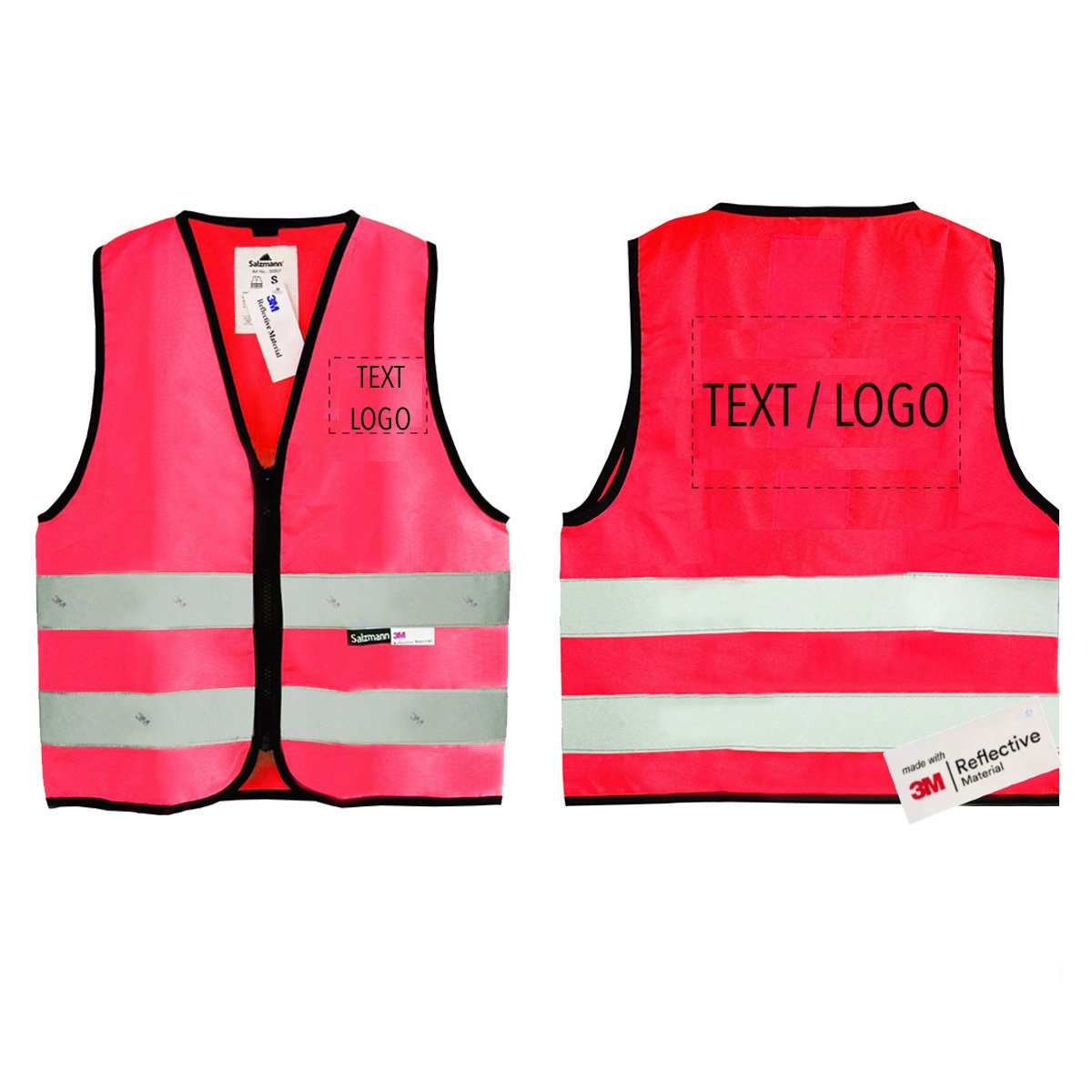 Pink reflective safety vest for children with "Text/Logo" on the front and back