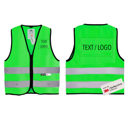 Green reflective safety vest for children with "Text/Logo"  on the front and back 