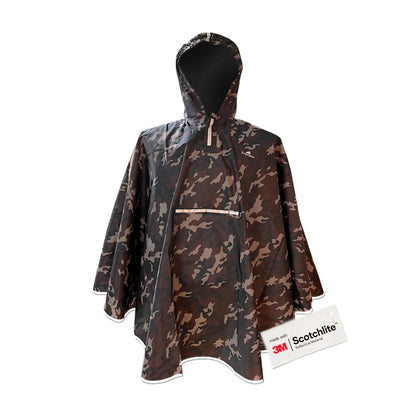 Brown/Camouflage rain poncho, showing the reflective strips. 