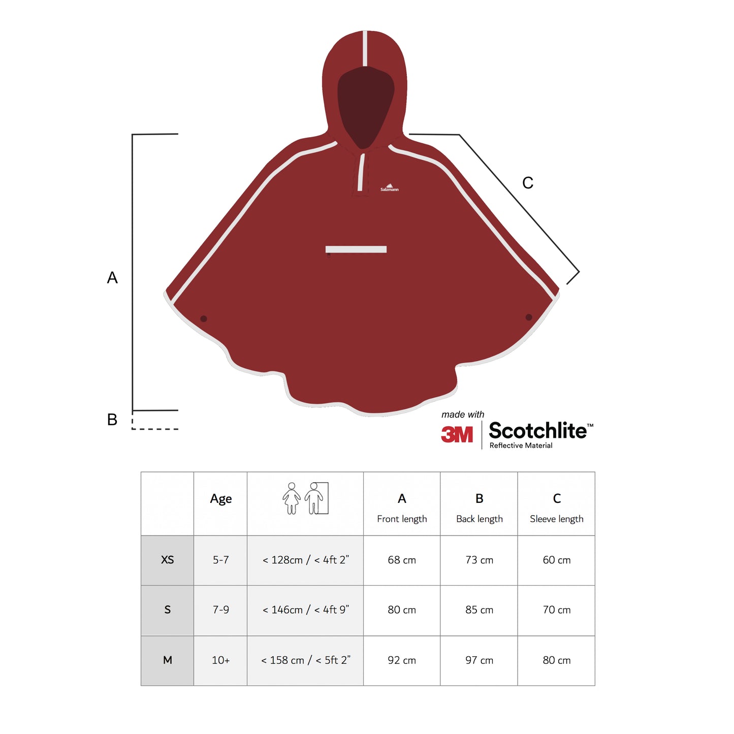 Size chart of the kids rain poncho showing the measurements for each size.