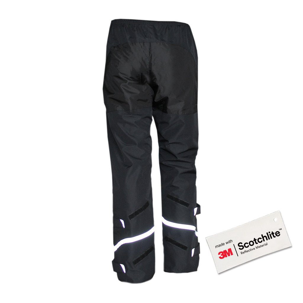 Back of Black rain pants with reflective strips and hook and loop fastenings on the lower legs.