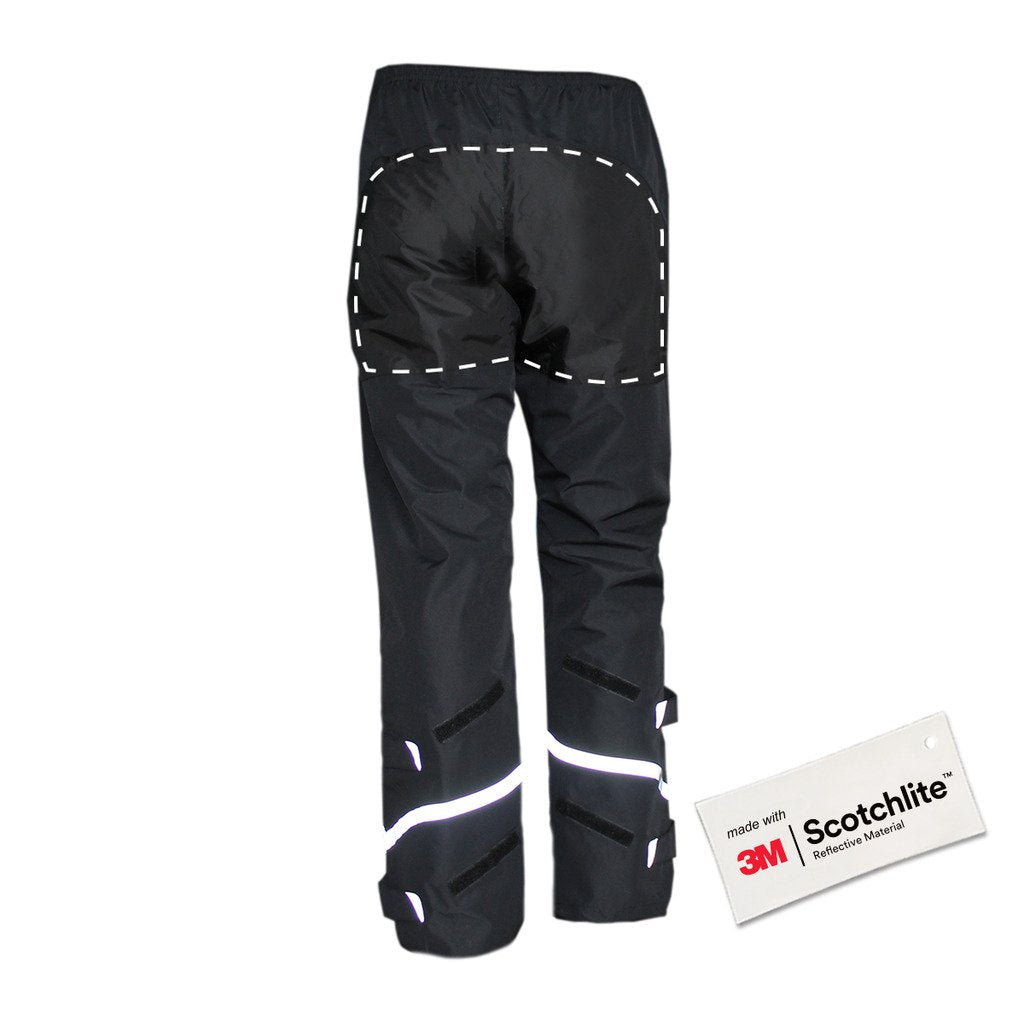 Back of Black rain pants with reflective strips and hook and loop fastenings on the lower legs. 
