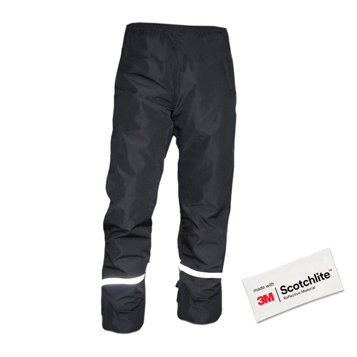 Front of Black rain pants with reflective strips on the lower legs.