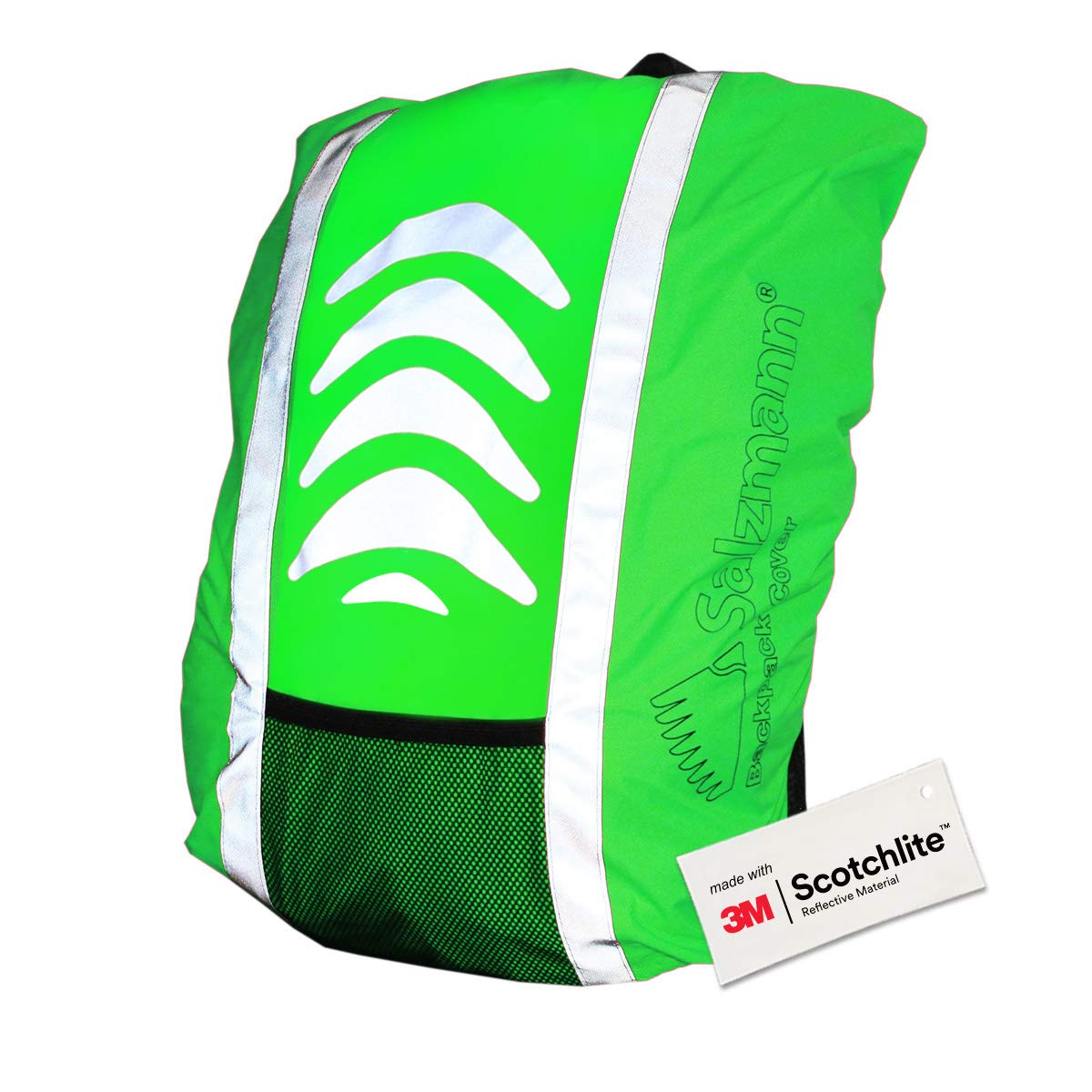 Close up of Green hi vis backpack cover, bright reflective strips and front mesh pocket.