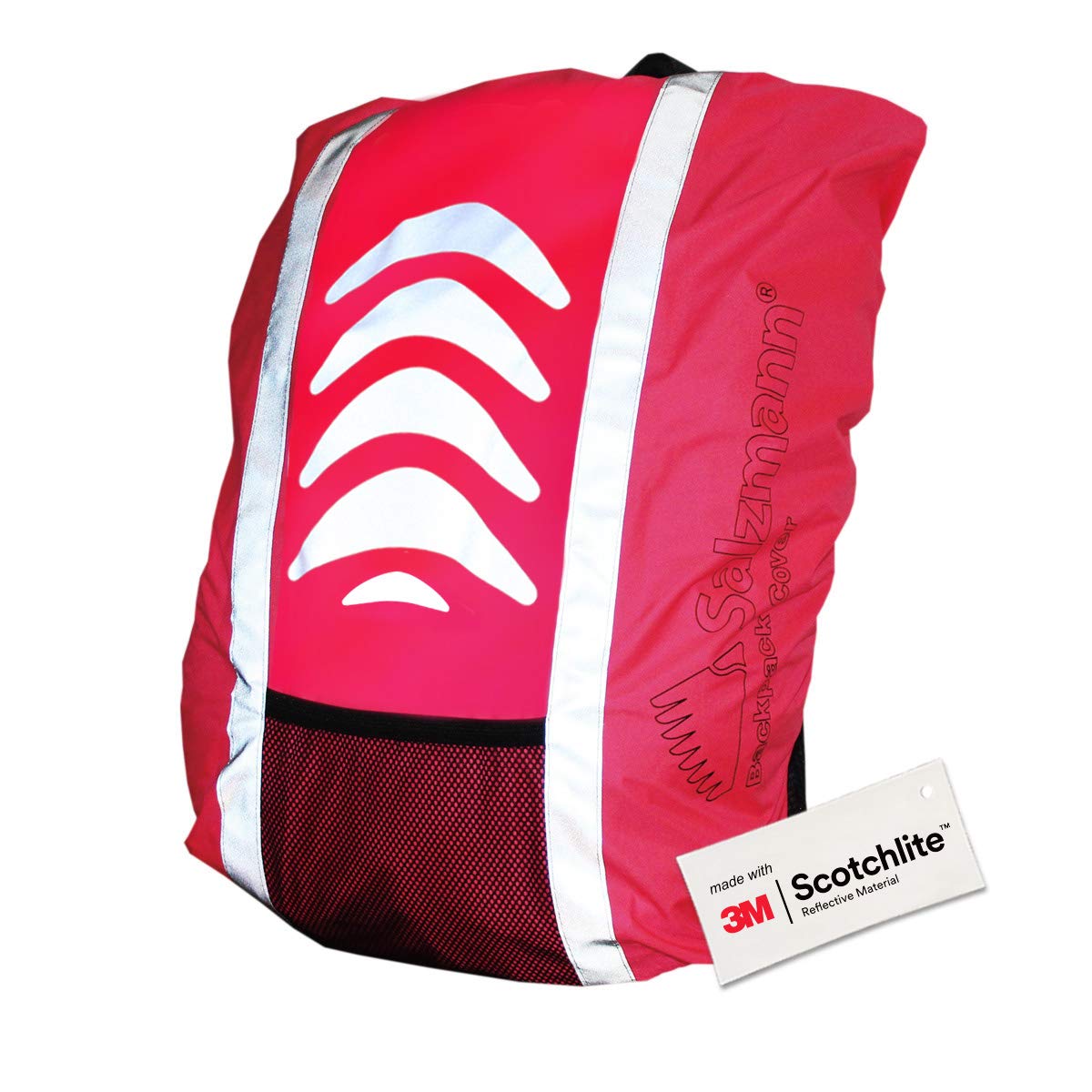 Close up of Pink hi vis backpack cover, bright reflective strips and front mesh pocket.