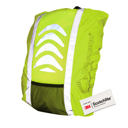 Close up of Yellow hi vis backpack cover, bright reflective strips and front mesh pocket.
