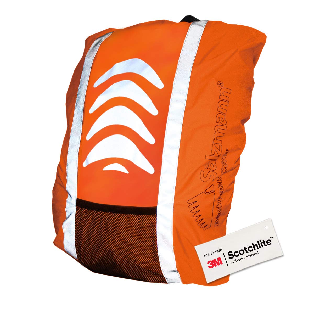 Close up of Orange hi vis backpack cover, bright reflective strips and front mesh pocket.