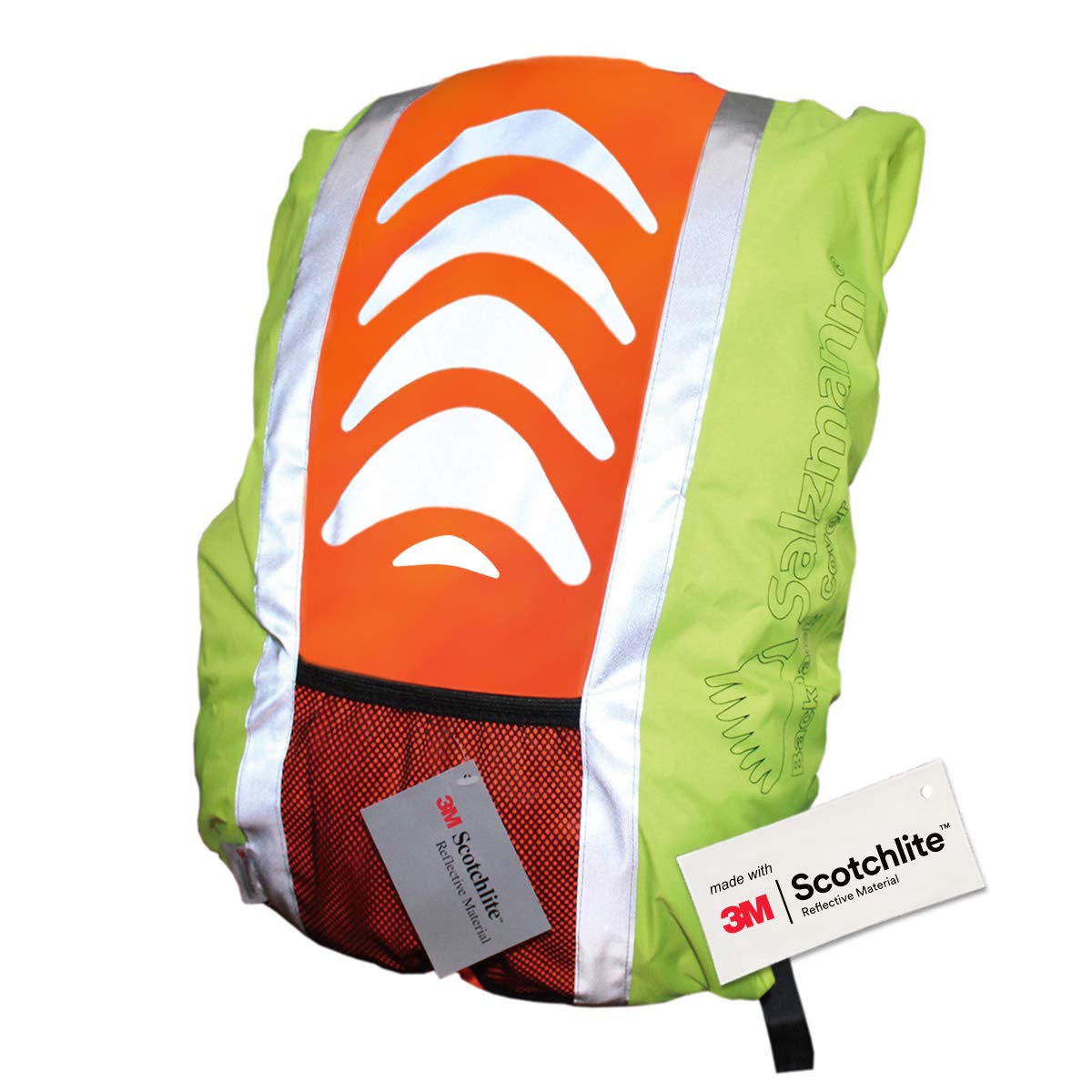 Close up of Yellow and Orange hi vis backpack cover, bright reflective strips and front mesh pocket.