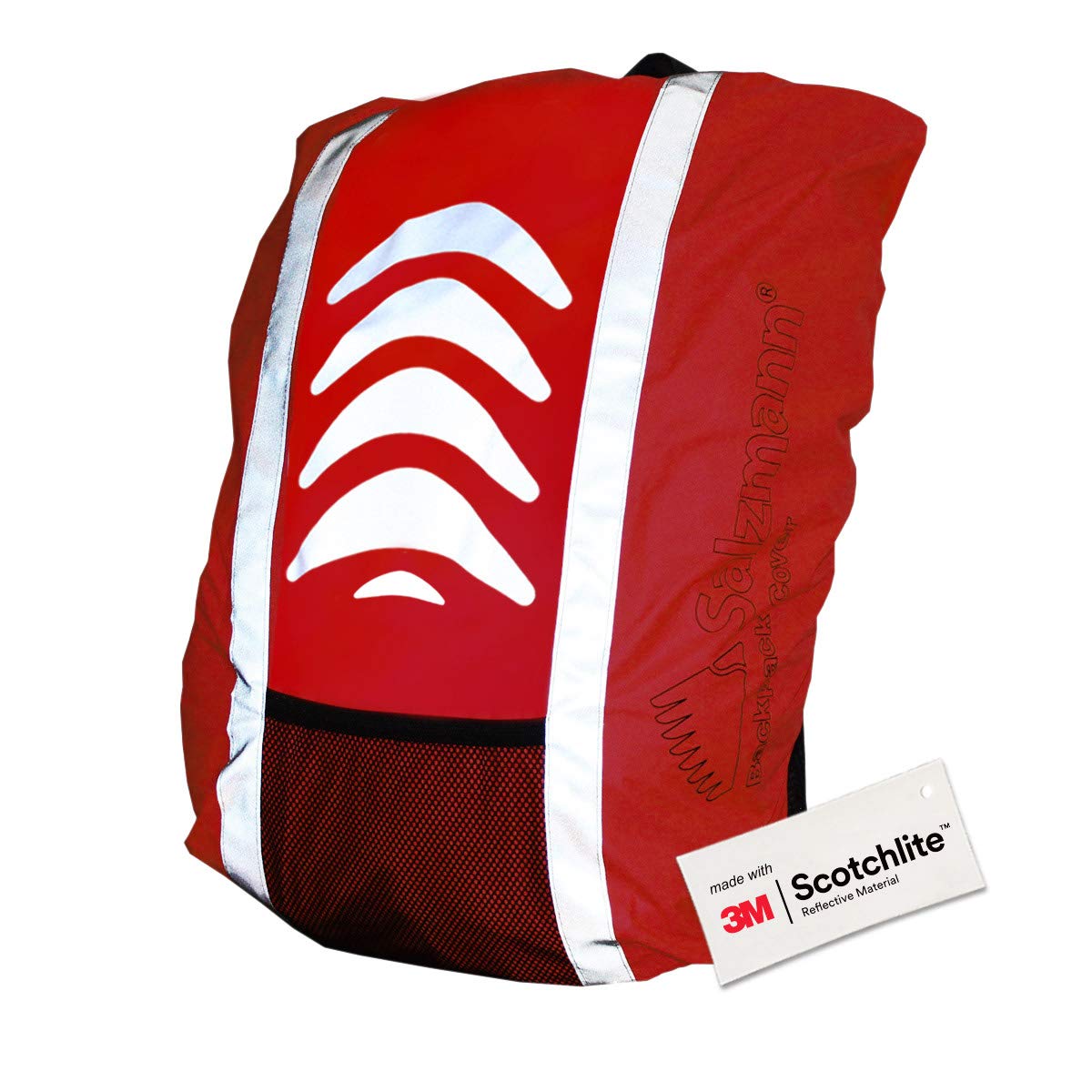 Close up of Red hi vis backpack cover, bright reflective strips and front mesh pocket.