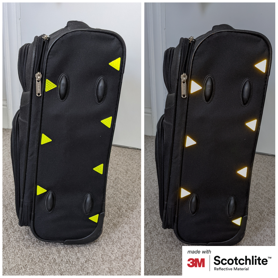 Suitcase with Yellow hi vis stickers on in the light and in the dark.