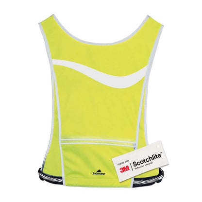 Back of Yellow hi vis vest with reflective strip and zip pocket.