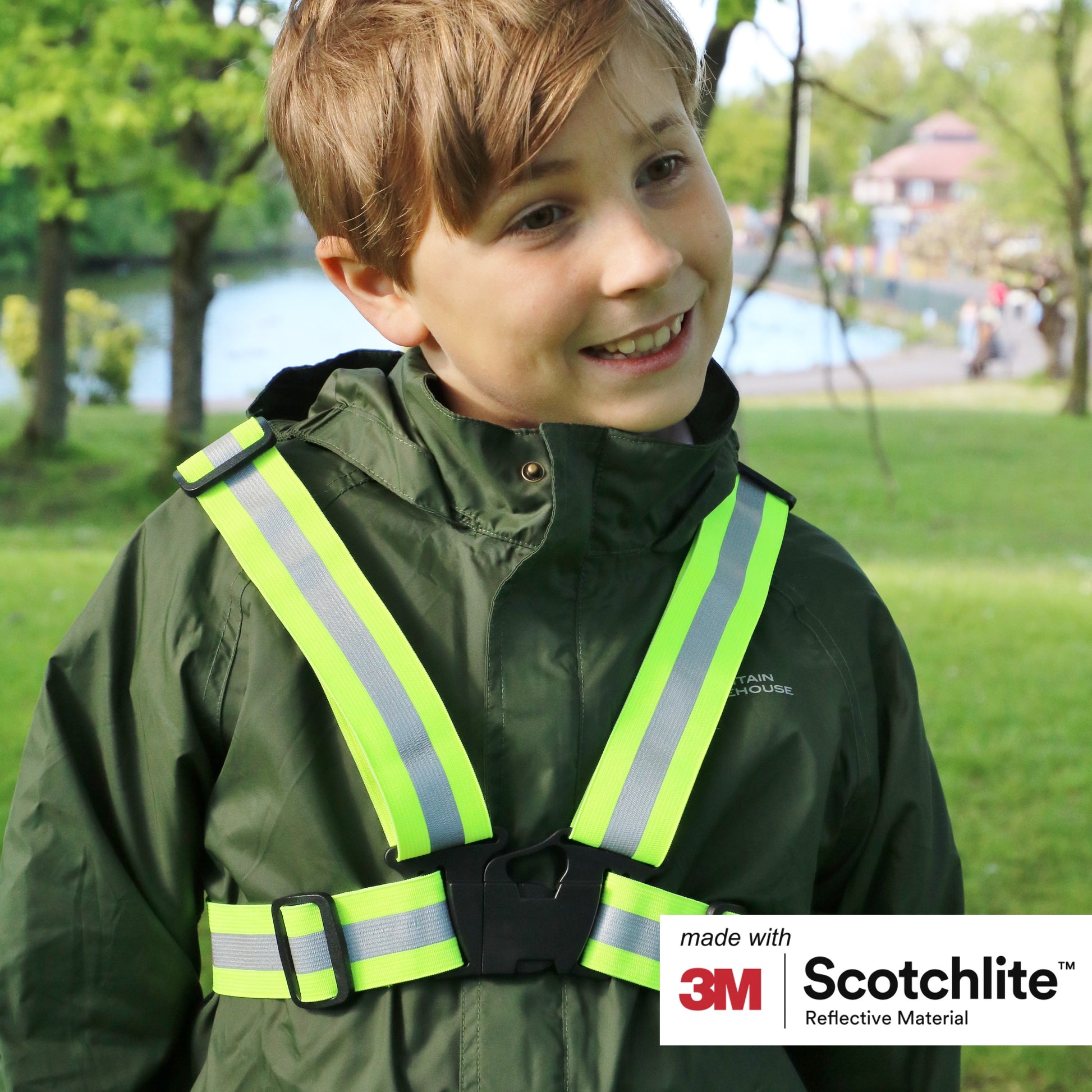 Child outside wearing the Yellow hi vis cross belt