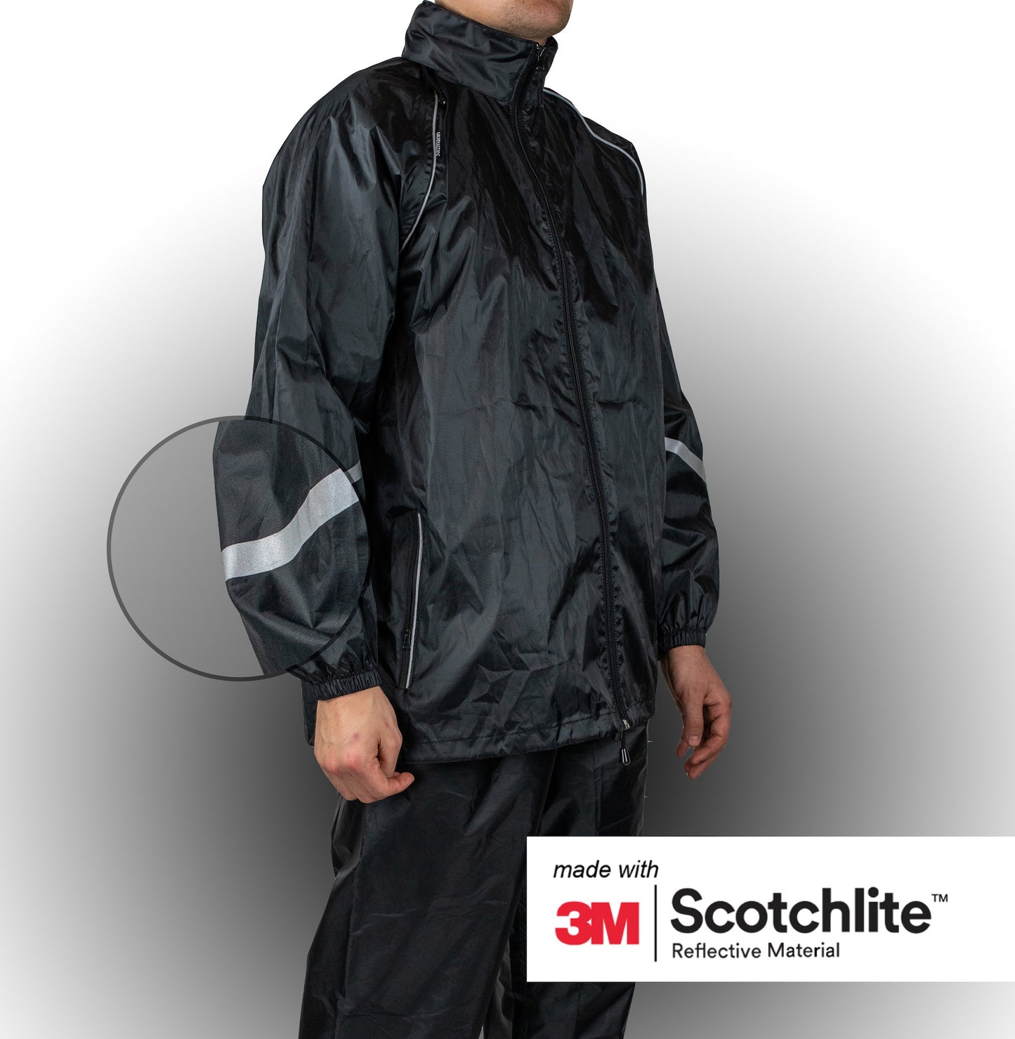 Person wearing rain suit with a close up of reflective strip on the arm.
