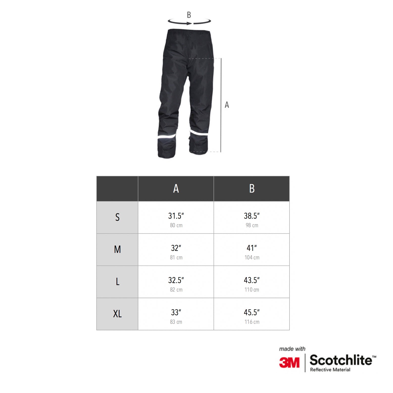 Chart showing the measurements for each size of the reflective rain pants.  