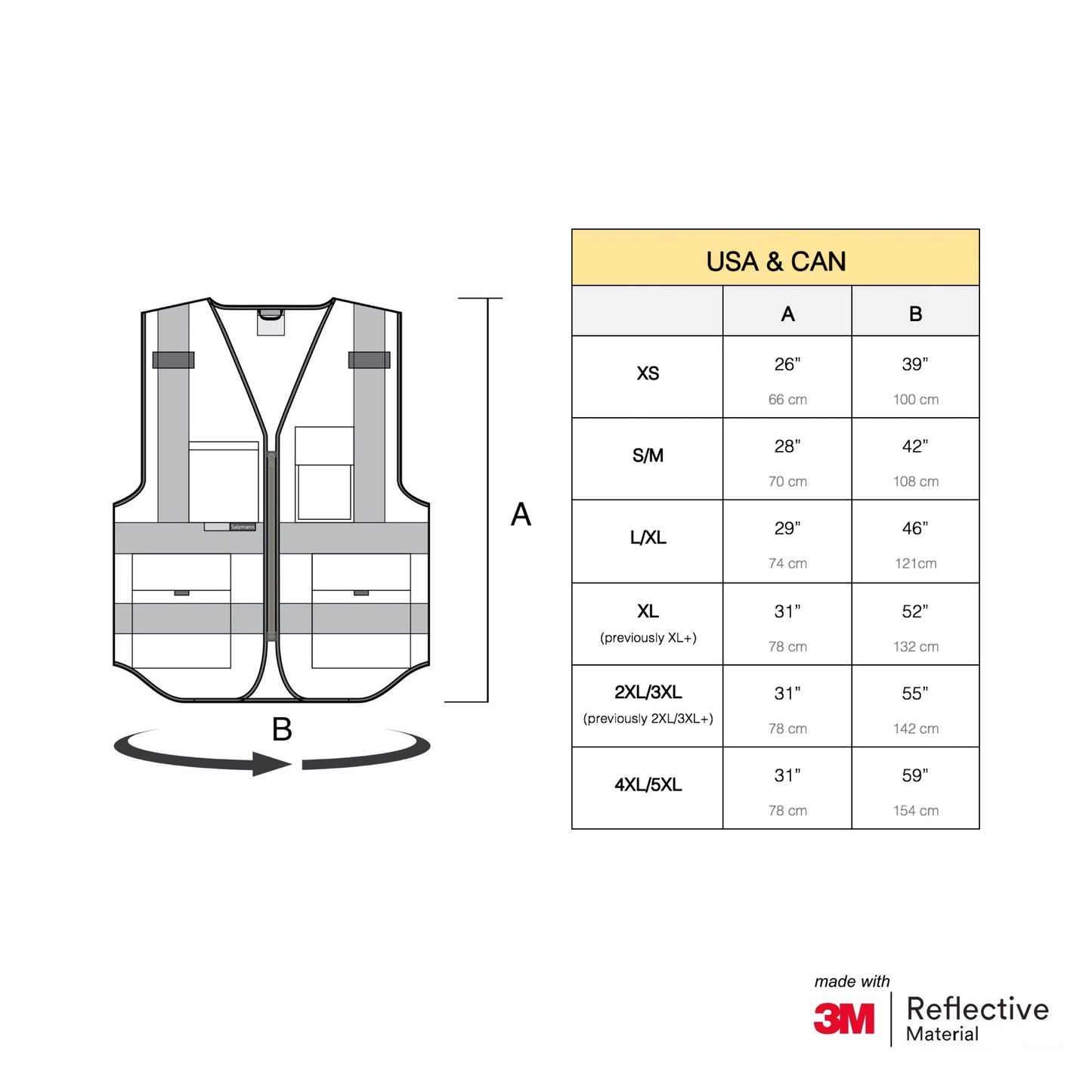 Size chart for the safety vest showing measurements for each different size.